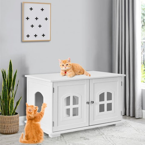 Large Wooden Cat Litter Box Enclosure Hidden Cat Washroom with Divider