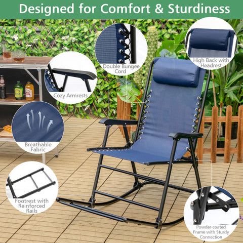 Outdoor Patio Camping Lightweight Folding Rocking Chair with Footrest -Blue