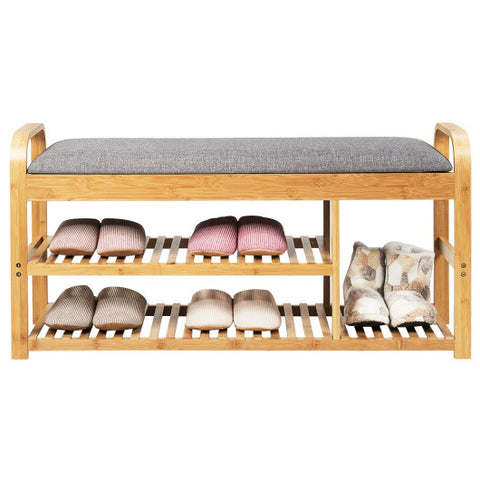 3-Tier Bamboo Shoe Rack Bench with Cushion-Natural