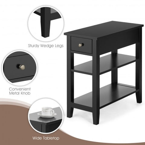 3-Tier Nightstand Bedside Table Sofa Side with Double Shelves Drawer-Black