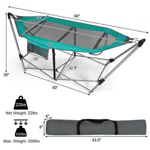 Folding Hammock Indoor Outdoor Hammock with Side Pocket and Iron Stand-Turquoise