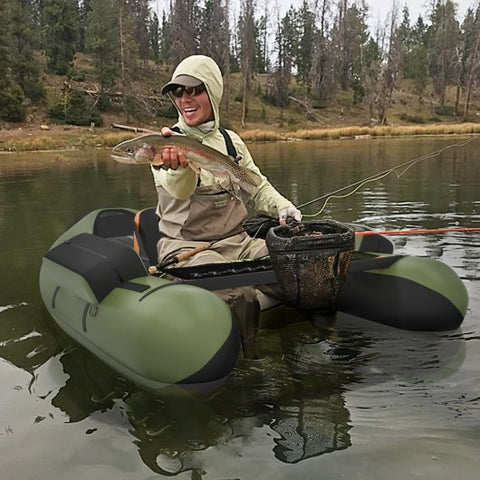 Inflatable Fishing Float Tube with Pump Storage Pockets and Fish Ruler-Green