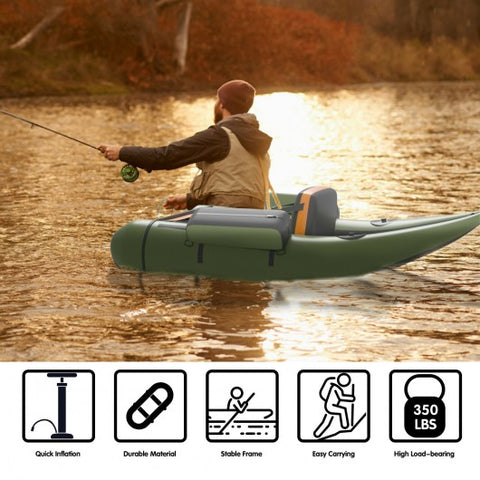 Inflatable Fishing Float Tube with Pump Storage Pockets and Fish Ruler-Green