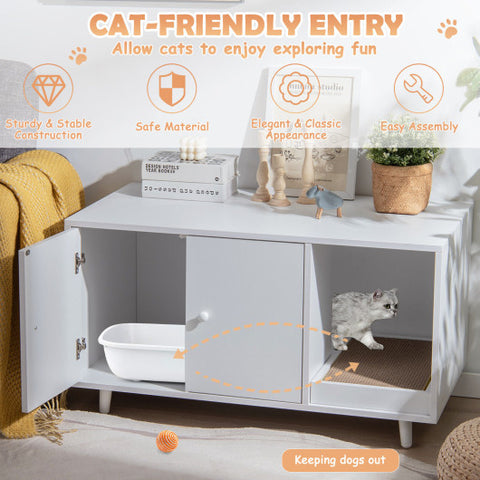 Cat Litter Box Enclosure with Divider and Double Doors-White