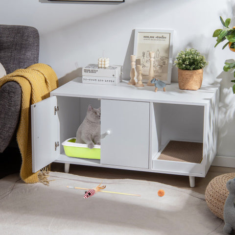 Cat Litter Box Enclosure with Divider and Double Doors-White