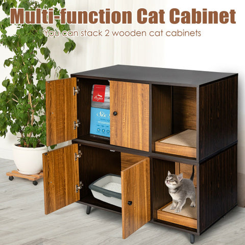 Cat Litter Box Enclosure with Divider and Double Doors-Coffee