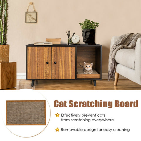 Cat Litter Box Enclosure with Divider and Double Doors-Coffee