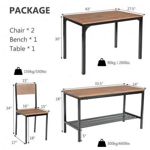 4 Pieces Rustic Dining Table Set with 2 Chairs and Bench-Brown