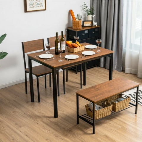 4 Pieces Rustic Dining Table Set with 2 Chairs and Bench-Brown