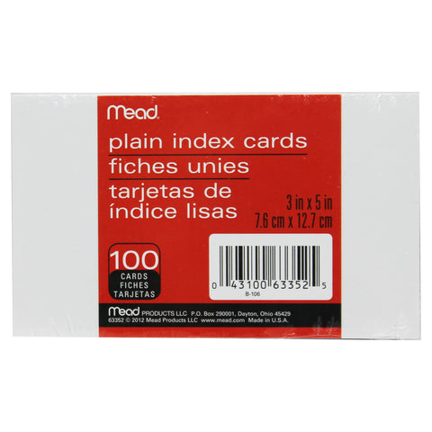 Index Cards, Plain, 3 x 5, 100 Per Pack, 12 Packs