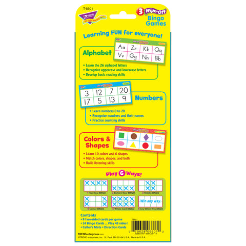 Alphabets, Number, Shapes and Colors Wipe-Off Bingo Cards, 3 Packs