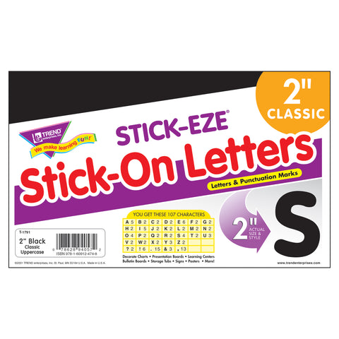 Black 2" STICK-EZE® Stick-On Letters, 107 Pieces Per Pack, 6 Packs