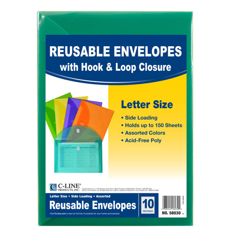 XL Reusable Envelopes, Hook and Loop Closure, 8 1/2 x 11, Assorted Colors, 10 Per Pack, 2 Packs