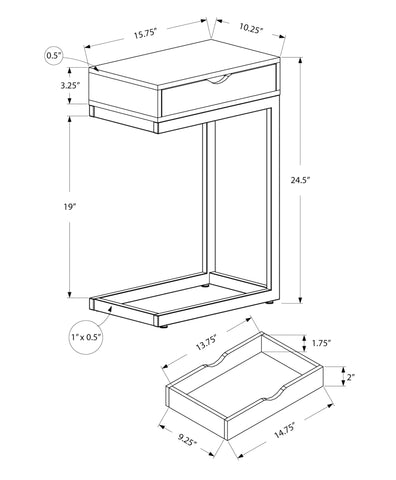 10.25" x 15.75" x 24.5" Grey Finish Drawer and Black Metal Accent Table