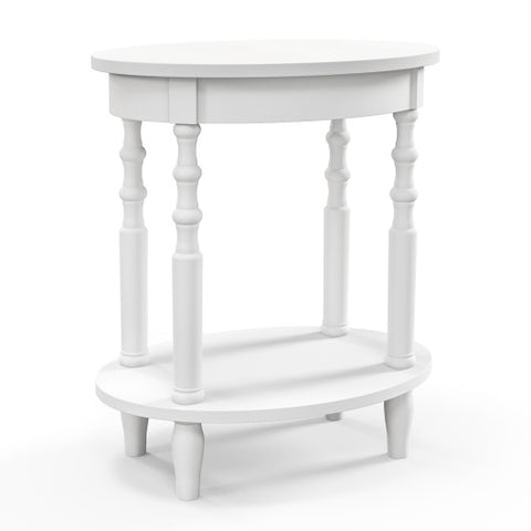 2-Tier Oval Side Table with Storage Shelf and Solid Wood Legs-White