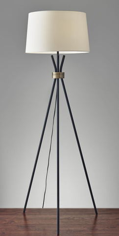 Black Metal Tripod Leg Floor Lamp with Antique Brass Accent