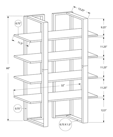 13.25" x 32" x 60" Cappuccino Silver Mdf Metal Bookshelf