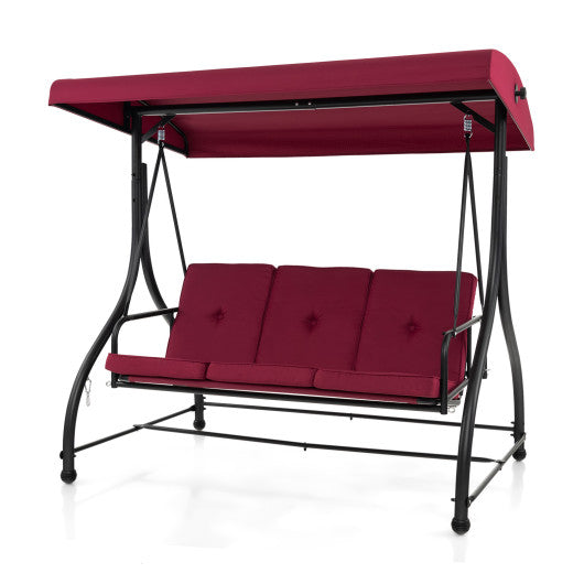 3 Seat Outdoor Porch Swing with Adjustable Canopy-Wine