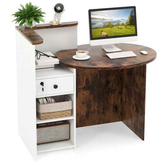 Front Reception Office Desk with Open Shelf and Lockable Drawer-Brown & White