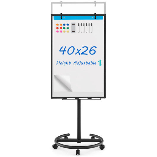 Height-Adjustable Mobile Whiteboard with Round Stand Paper Clips-Black