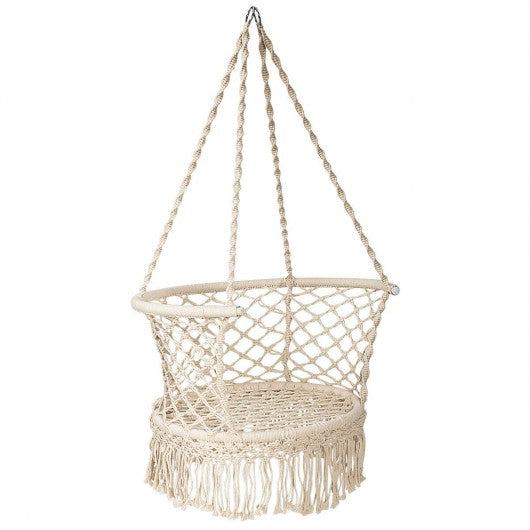 Hanging Hammock Chair with 330 Pounds Capacity and Cotton Rope Handwoven Tassels Design-Beige