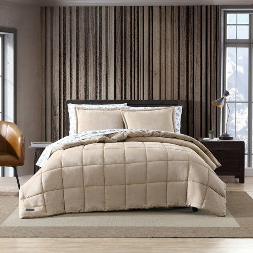 Full/Queen Plush Sherpa Reversible Micro Suede Comforter Set in Beige