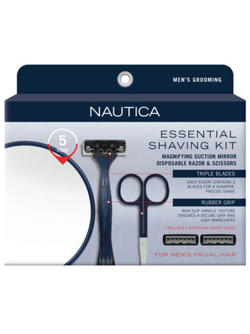 Nautica 5 Piece Essential Shaving Kit with 15x Mirror, Scissors, Razor &amp; 2 Razor Heads (Available in a pack of 4)