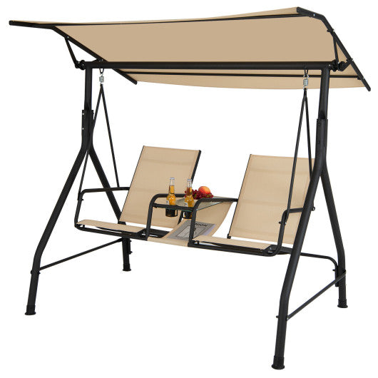 2-Seat Outdoor Cushioned Porch Swing with Adjustable Canopy and Tempered Glass Table-Beige