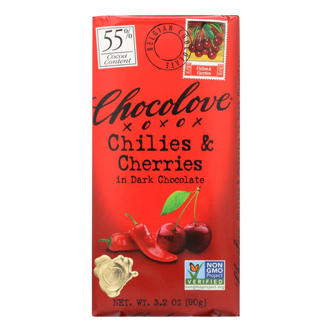 Chocolove Xoxox - Premium Chocolate Bar - Dark Chocolate - Chilies And Cherries - 3.2 Oz Bars - Case Of 12