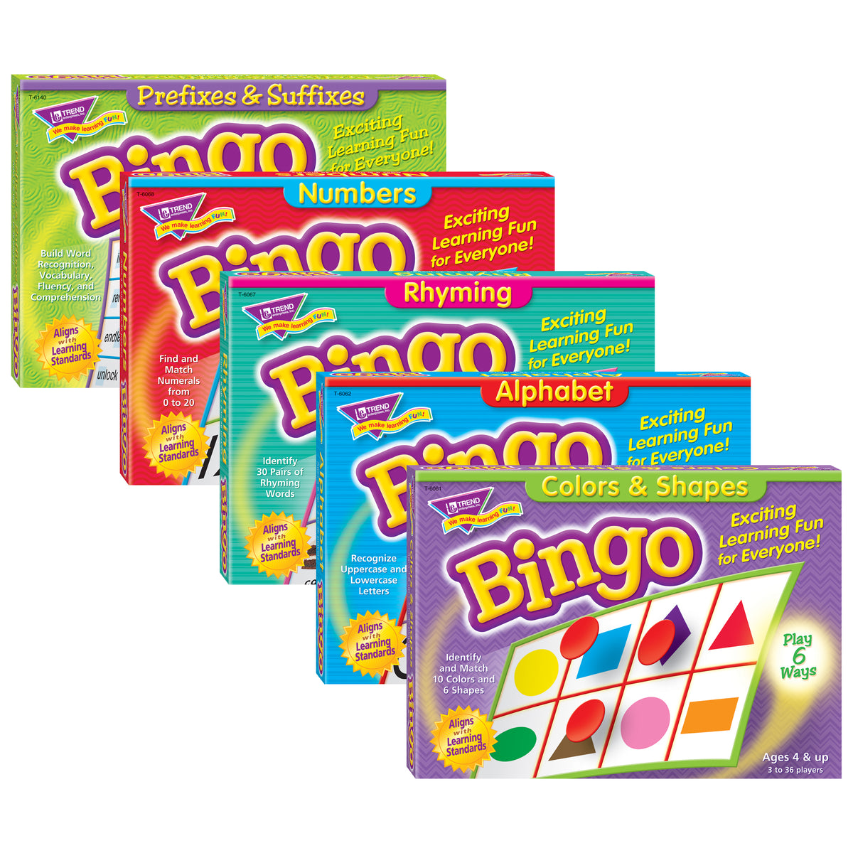 Bingo Game 5-Pack, Colors & Shapes, Alphabet, Rhyming, Numbers, Prefixes & Suffixes