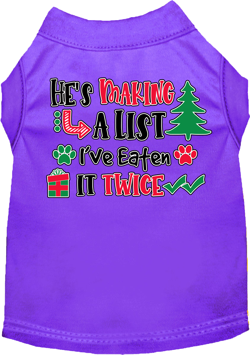 He's Making A List... Screen Print Dog Shirt Purple Size Xs