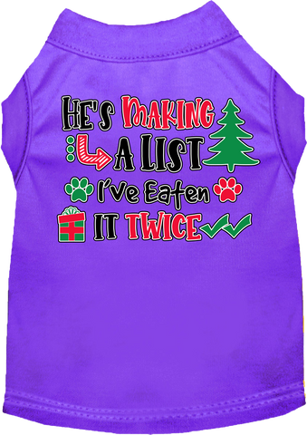 He's Making A List... Screen Print Dog Shirt Purple Size Xs