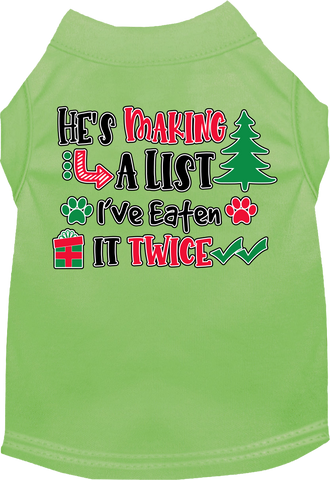 He's Making A List... Screen Print Dog Shirt Lime Green Size Xxxl