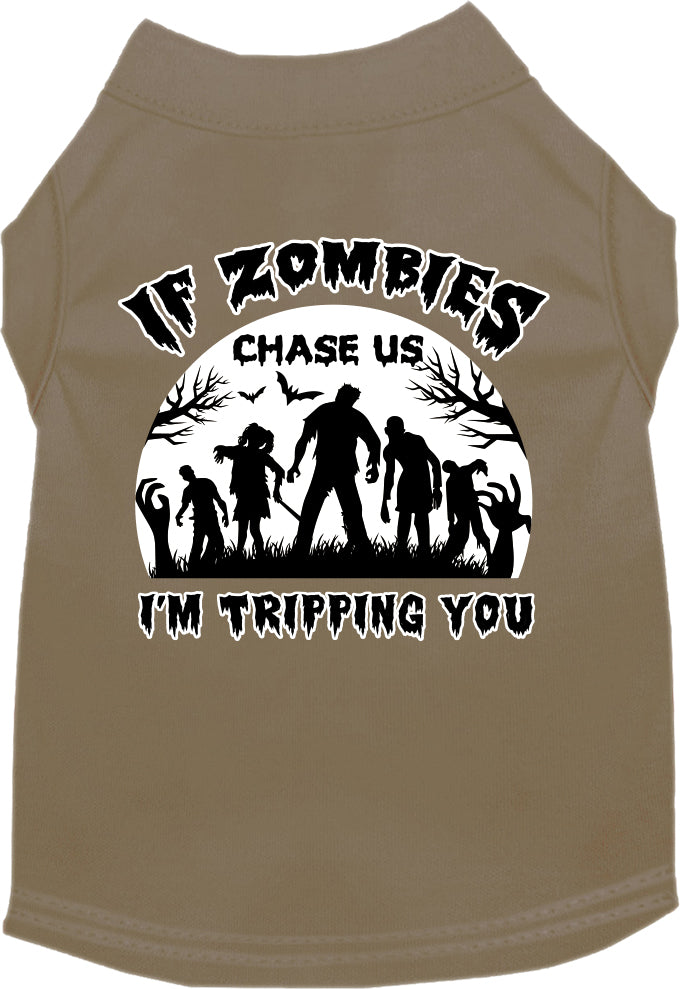 If Zombies Chase Us Screen Print Dog Shirt Tan Size Md