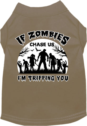 If Zombies Chase Us Screen Print Dog Shirt Tan Size Md