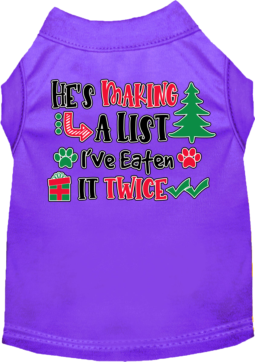 He's Making A List... Screen Print Dog Shirt Purple Size Xl