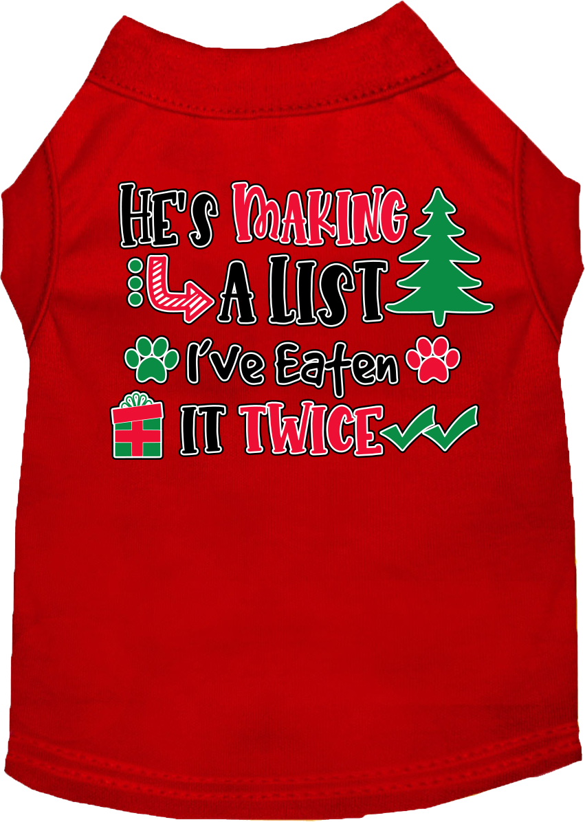 He's Making A List... Screen Print Dog Shirt Red Size Xl