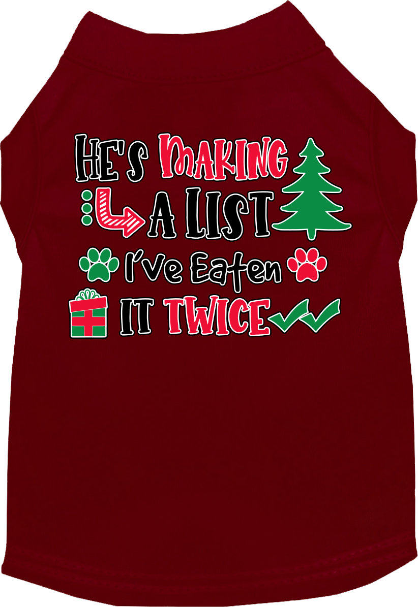 He's Making A List... Screen Print Dog Shirt Maroon Size Lg