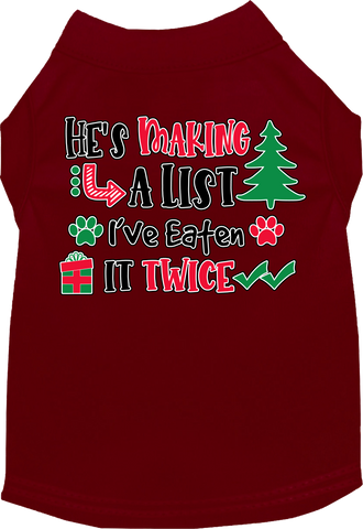 He's Making A List... Screen Print Dog Shirt Maroon Size Lg