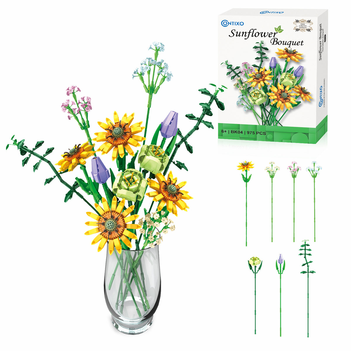 BK04 Sunflower Bouquet Flordal Collection Building Block Set, 975 Pieces