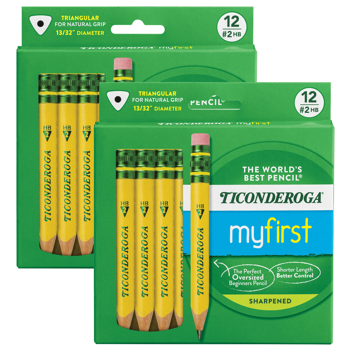 My First® Short Wooden Pencils, Large Triangle Barrel, Sharpened, #2 HB Soft, With Eraser, Yellow, 12 Per Pack, 2 Packs