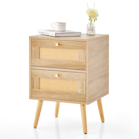 Rattan Nightstand Boho Accent Bedside Table with 2 Storage Drawers-Natural