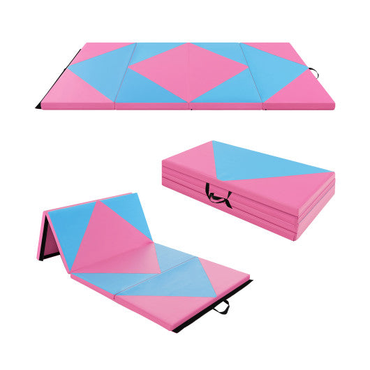 8 Feet PU Leather Folding Gymnastics Mat with Hook and Loop Fasteners-Pink & Blue