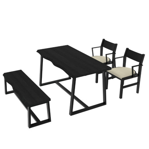 4-Person Dining Table Set with Chairs and Bench-Irregular Design-Black-Beige