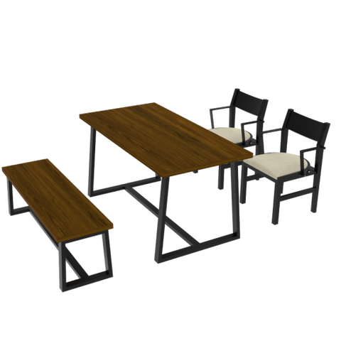 4-Person Dining Table Set with Chairs and Bench-Regular Design-Dark Wood-Beige