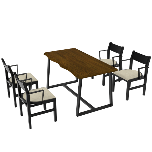 4-Person Dining Table Set with Chairs and Bench-Irregular Design-Dark Wood-Beige-4