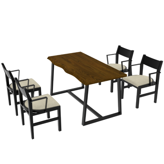 4-Person Dining Table Set with Chairs and Bench-Irregular Design-Dark Wood-Beige-4