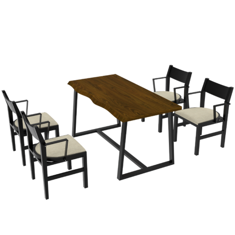 4-Person Dining Table Set with Chairs and Bench-Irregular Design-Dark Wood-Beige-4