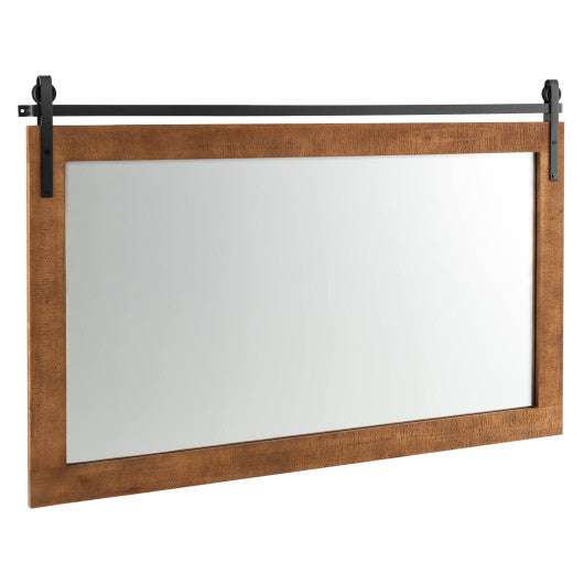 40 Inch x 26 Inch Rectangle Barn Door Style Wall Mounted Mirror with Solid Wood Frame and Metal Bracket-Brown