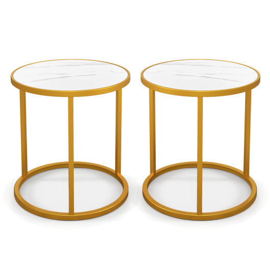 Marble Top Round Side Table 16-Inch End Table with Golden Metal Frame-2 Pieces